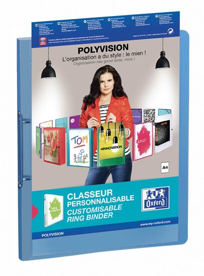 OXFORD Polyvision personaliseerbare ringmap, formaat A4, uit PP, rug van 3 cm, 2 ringen, blauw