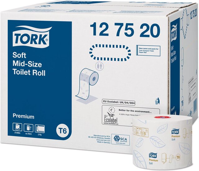 Tork Premium toiletpapier soft, mid-size, 2-laags, systeem T6, wit, pak van 27 rollen