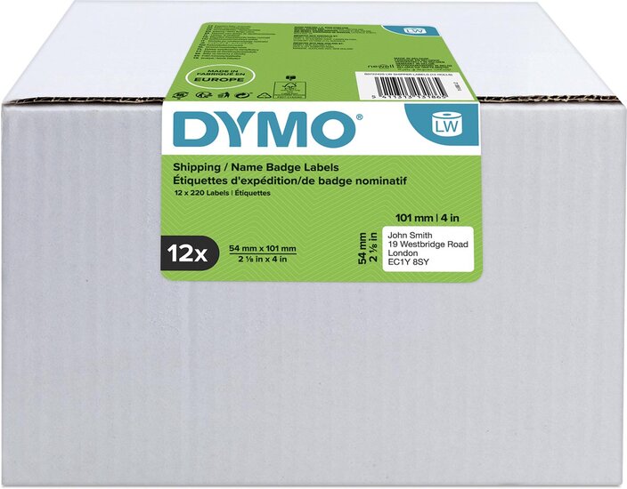 Dymo Value Pack: etiketten LabelWriter ft 101 x 54 mm, wit, doos van 12 x 220 etiketten