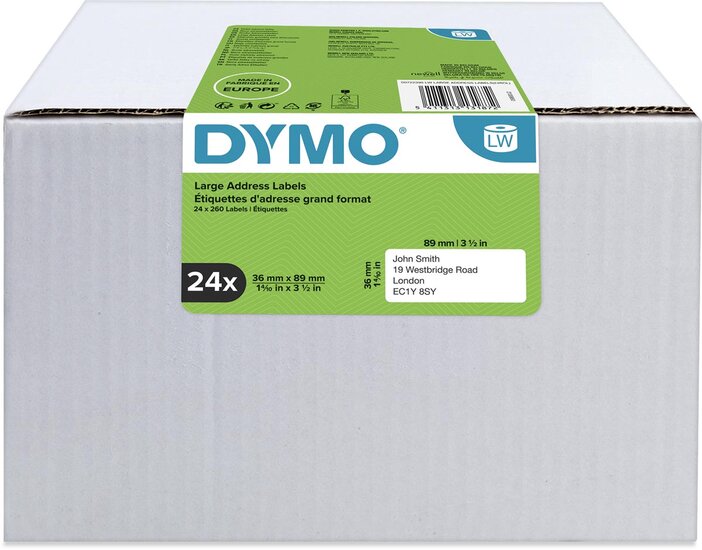 Dymo Value Pack: etiketten LabelWriter ft 89 x 36 mm, wit, doos van 24 x 260 etiketten