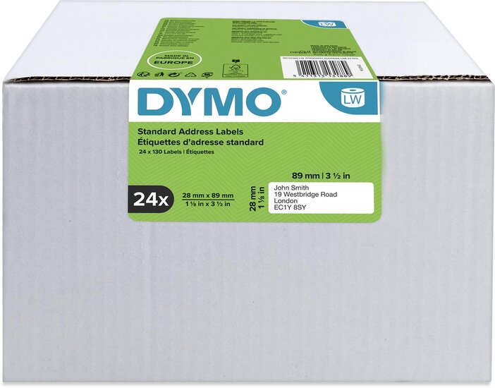 Dymo Value Pack: etiketten LabelWriter ft 89 x 28 mm, wit, doos van 24 x 130 etiketten