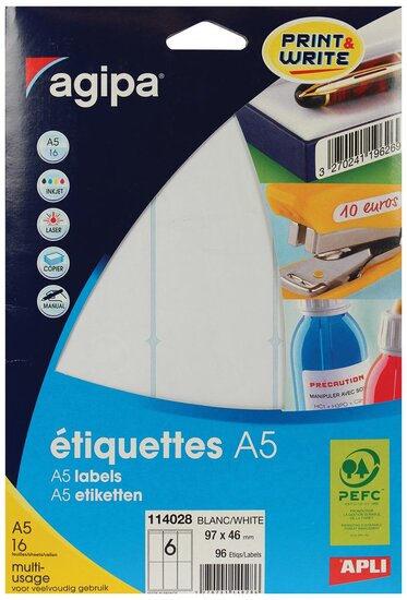 Agipa witte etiketten Print &amp; Write ft 97 x 46 mm (b x h), 96 stuks, 6 per blad