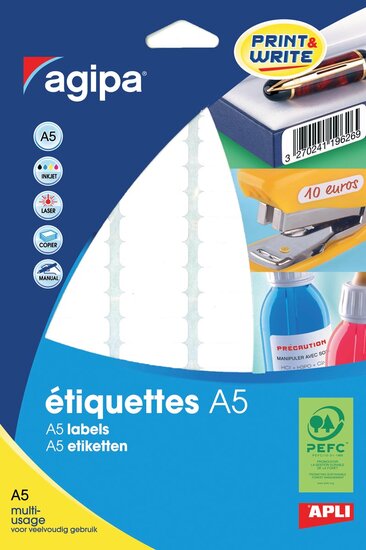 Agipa witte etiketten Print &amp; Write ft 56 x 34 mm (b x h), 192 stuks, 12 per blad