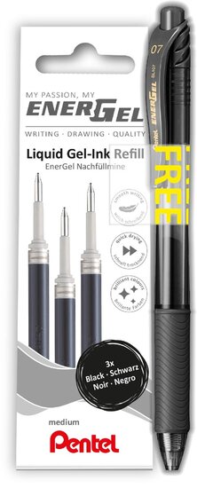 Pentel vulling Energel, 0,7 mm, zwart, 3 stuks + roller (GRATIS)