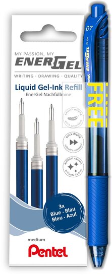 Pentel vulling Energel, 0,7 mm, blauw, 3 stuks + roller (GRATIS)