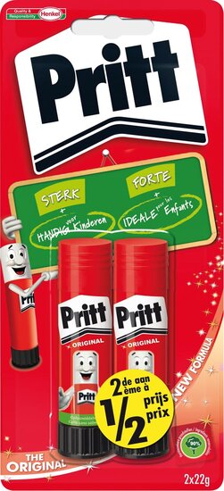 Pritt plakstift blister van 2 stuks van 22 g, 2de aan halve prijs