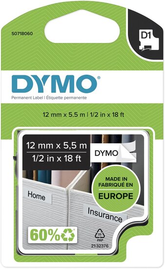 Dymo D1 permanente polyestertape 12 mm, zwart op wit