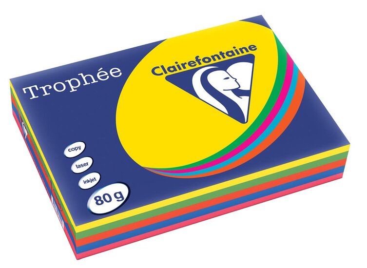 Clairefontaine Troph&eacute;e intens A4, 80 g, 5 x 100 vel, geassorteerde kleuren