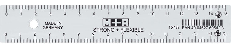 M+R Strong &amp; Flexibel lat, met schaalverdeling voor recht- en linkshandigen, 15 cm, transparant