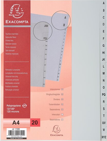 Exacompta tabbladen voor ft A4, uit PP, van A tot Z, 20 tabs, grijs