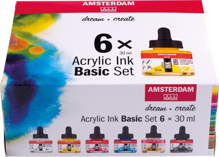 Amsterdam acryl inkt Bassisset, set met 6 flacons van 30 ml, assorti