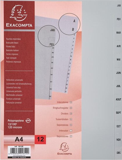 Exacompta tabbladen maandelijks A4, uit PP, 12 tabs, jan-dec, grijs, Frans