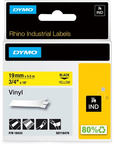 Dymo RHINO vinyltape 19 mm x 5,5 m, zwart op geel