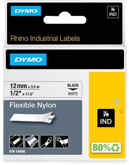 Dymo RHINO flexibele nylontape 12 mm, zwart op wit