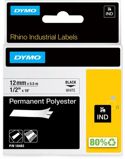 Dymo RHINO permanente polyester tape 12 mm, zwart op wit