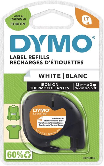 Dymo LetraTAG opstrijkbare tape 12 mm, wit