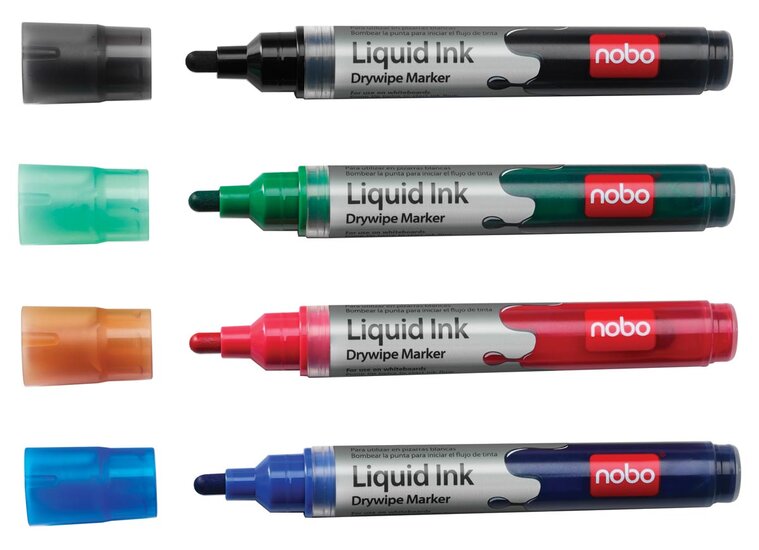 Nobo Witbordstift Geassorteerde kleuren: zwart, groen, rood en blauw, blister van 4 stuks