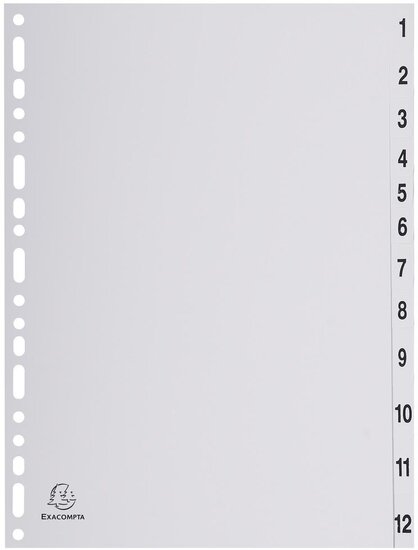 Exacompta tabbladen numeriek voor ft A4, uit PP, grijs, 12 tabs