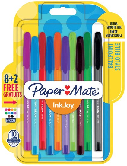 Paper Mate balpen InkJoy 100 met dop, blister 8 + 2 gratis