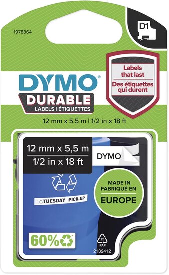 Dymo duurzame D1 tape 12 mm x 5 m, zwart op wit