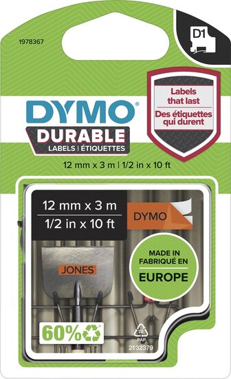 Dymo duurzame D1 tape 12 mm x 3, zwart op oranje