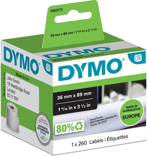 Dymo duurzame etiketten LabelWriter ft 89 x 36 mm, 260 etiketten