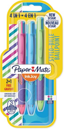 Paper Mate Inkjoy Quatro Joie de Vivre 4-kleurenbalpen, medium, klassieke inktkleuren, blister 2 + 1 grat