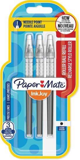 Paper Mate InkJoy vulling voor liquid-ink roller fijn, zwart, blister met 3 vullingen