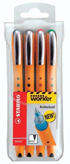 STABILO worker+ roller 0,5 mm etui van 4 stuks assorti