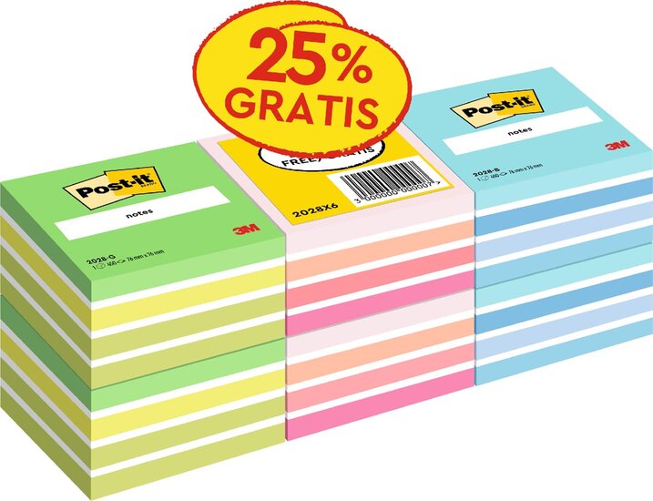 Post-it Notes kubus, 450 vel, ft 76 x 76 mm, promopak van 6 kubussen in geassorteerde kleuren