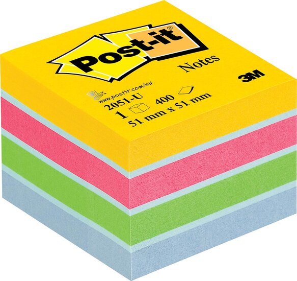 Post-it Notes mini kubus, 400 vel, ft 51 x 51 mm, geassorteerde kleuren