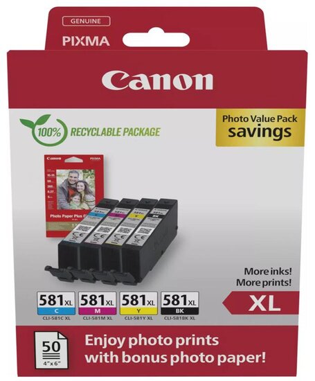 Canon photo value pack CLI-581 XL, 170 - 520 foto&#039;s, OEM 2052C006, 4 kleuren