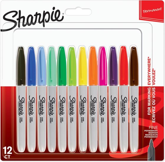 Sharpie permanente marker, fijn, blister van 12 stuks in geassorteerde kleuren