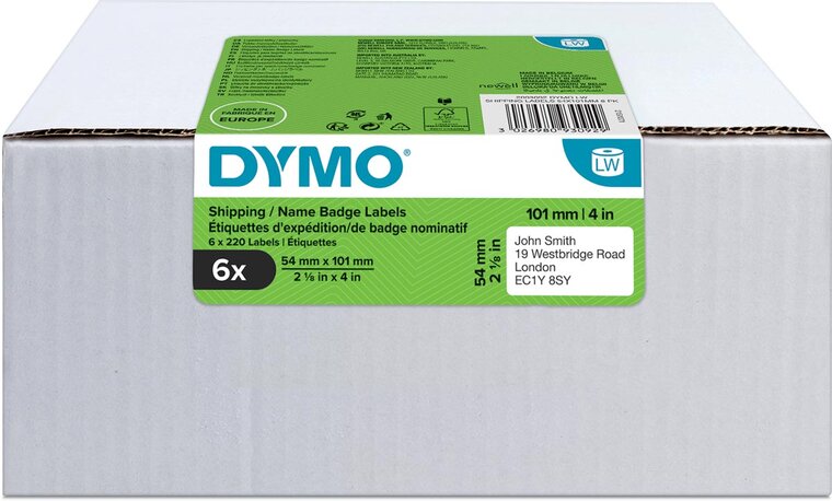 Dymo Value Pack: etiketten LabelWriter ft 101 x 54 mm, wit, doos van 6 x 220 etiketten