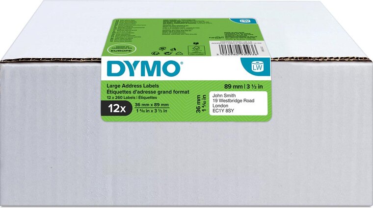 Dymo Value Pack: etiketten LabelWriter ft 89 x 36 mm, wit, doos van 12 x 260 etiketten