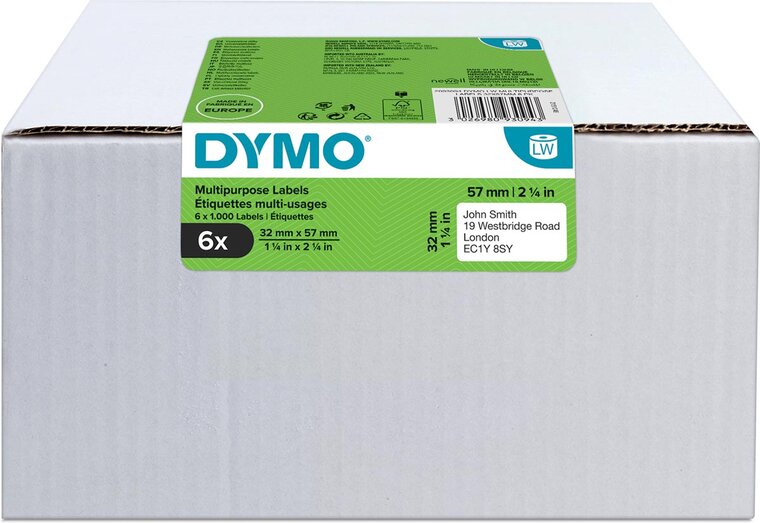 Dymo Value Pack: etiketten LabelWriter ft 57 x 32 mm, verwijderbaar, wit, doos van 6 x 1000 etiketten