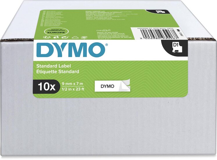 Dymo D1 tape 9 mm, zwart op wit, pak van 10 stuks