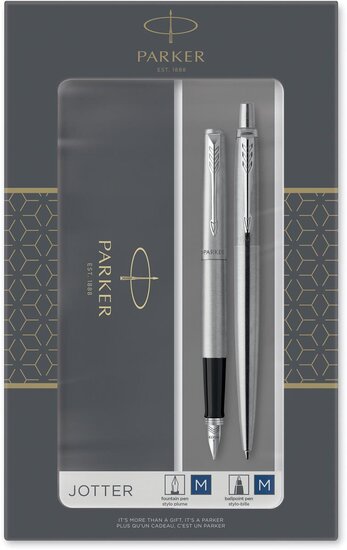 Parker Jotter giftbox duoset, vulpen en balpen, zilver