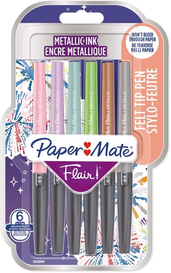 Paper Mate fineliner Flair, blister van 6 stuks in geassorteerde metallic kleuren