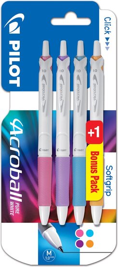 Pilot balpen Acroball Pure White, blister van 3 + 1 gratis, in vrolijke kleuren