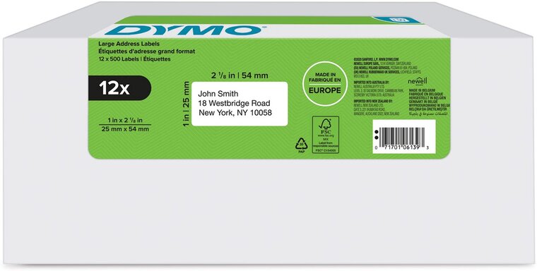 Dymo etiketten LabelWriter ft 25 x 54 mm, wit, doos van 12 x 500 etiketten