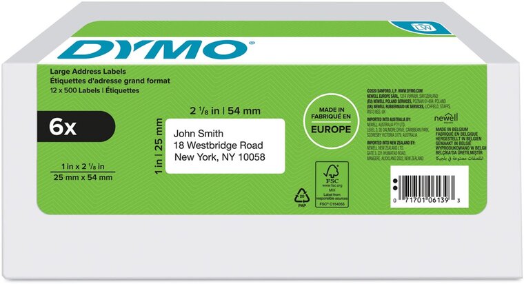 Dymo etiketten LabelWriter ft 25 x 54 mm, wit, doos van 6 x 500 etiketten