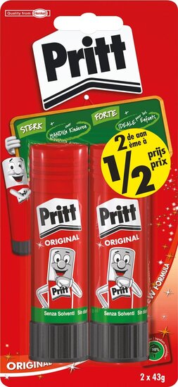 Pritt plakstift blister van 2 stuks van 43 g, 2de aan halve prijs