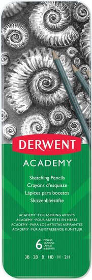 Derwent grafietpotlood Academy, blik van 6 stuks: 3B-2B-B-HB-H-2H