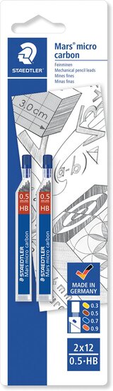 Staedtler Mars micro potloodstiften, 0,5 mm, HB, blister van 2 etuis van 12 stuks