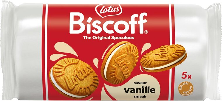 Lotus Biscoff gevulde speculoos, display van 16 stuks met 5 koekjes, 50 g, vanille