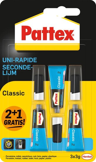 Pattex Classic secondelijm, 3 g, 2 + 1 gratis, op blister