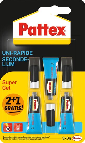 Pattex Super Gel secondelijm, 3 g, 2 + 1 gratis, op blister