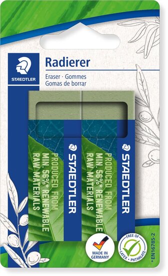 Staedtler gum Eco, olijfgroen, ft 65 x 23 x 13 mm, blister van 2 stuks