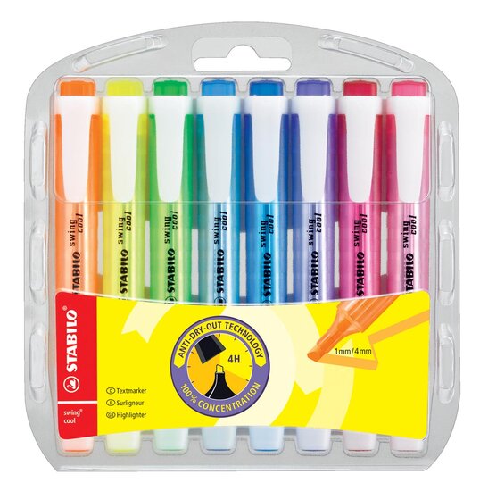 STABILO swing cool markeerstift, blister van 8 stuks in geassorteerde kleuren